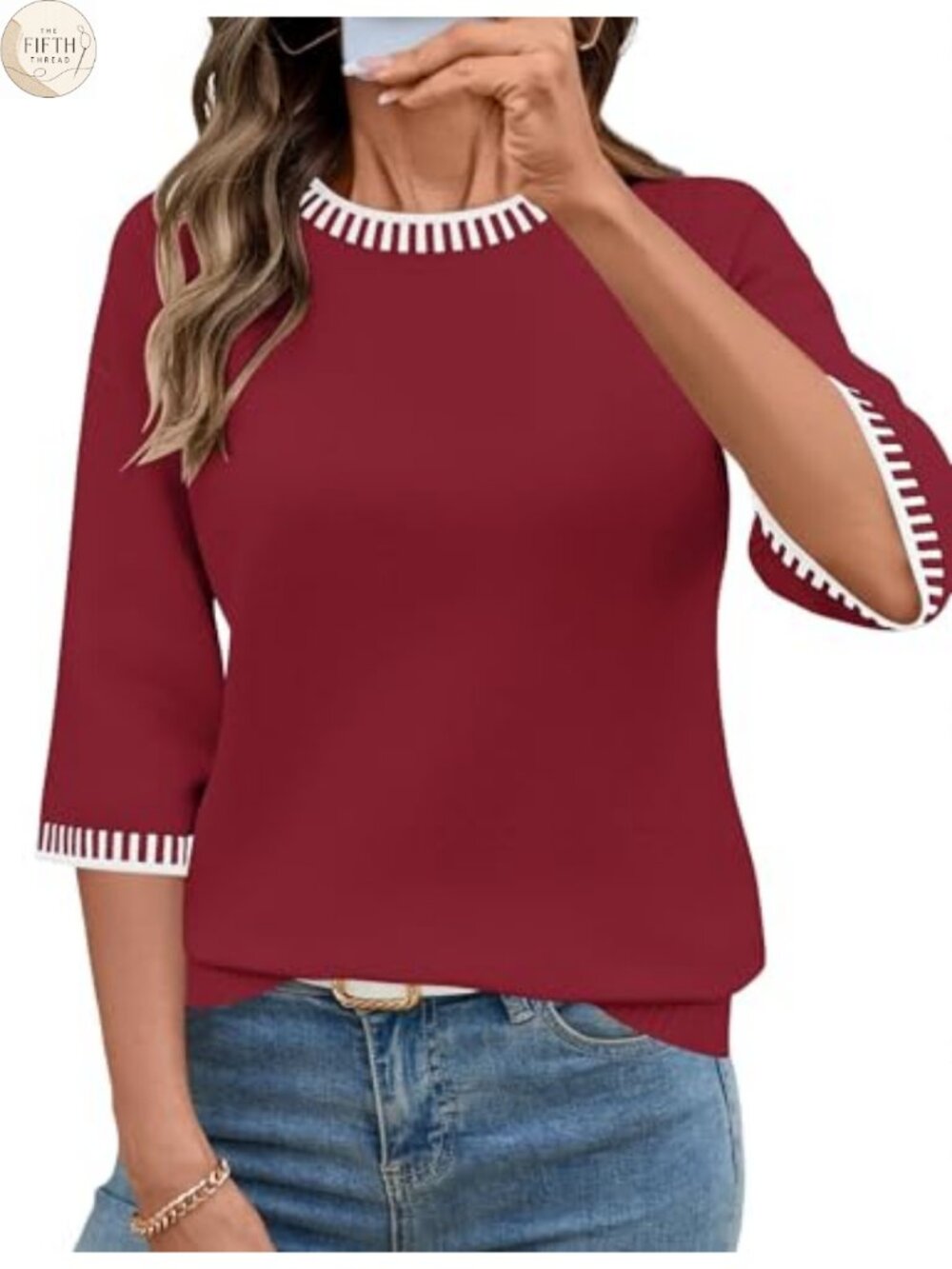 Womens Lightweight Knit Striped 3/4 Sleeve Crew Neck Pullover Sweater